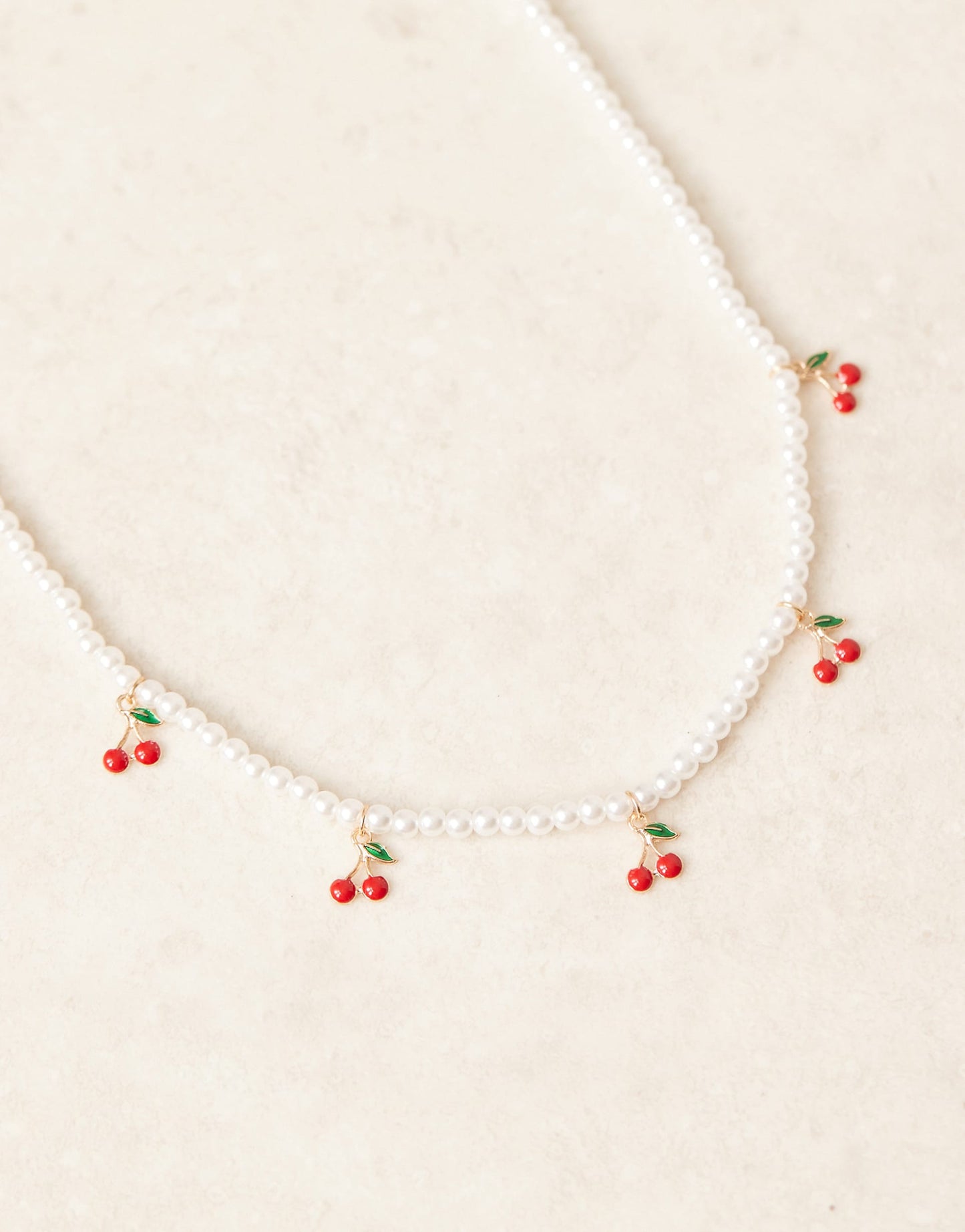 Pearl Necklace With Cherry Charms