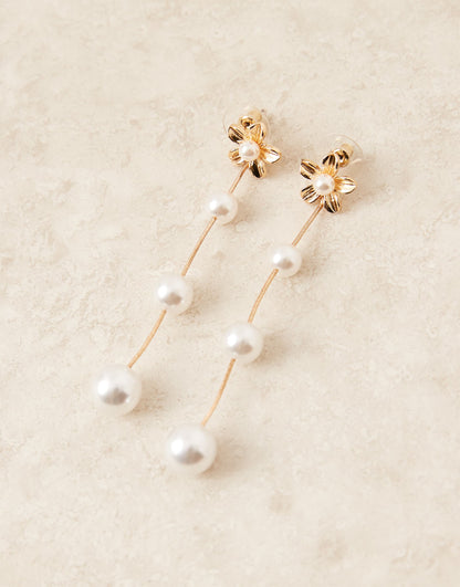 Flower Stud Earrings With Long Pearl Drop