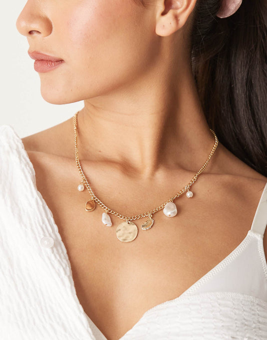 Pearl And Molten Pendant Multicharm Necklace