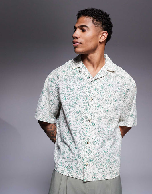 Boxy Oversized Revere Linen Look Shirt With Floral Print