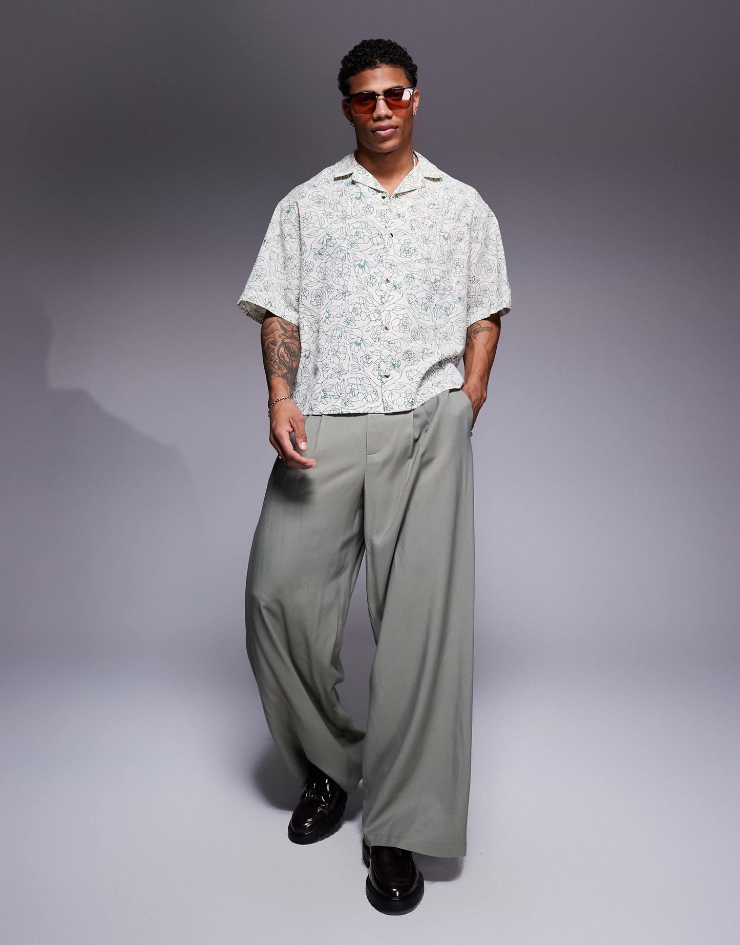 Boxy Oversized Revere Linen Look Shirt With Floral Print