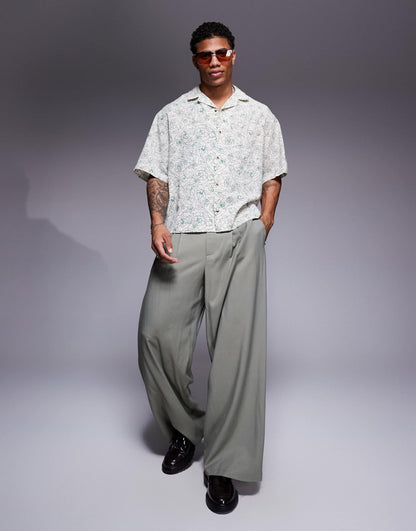 Boxy Oversized Revere Linen Look Shirt With Floral Print