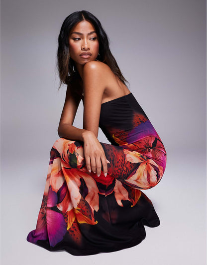 Exclusive Mesh Bandeau Fishtail Maxi Dress