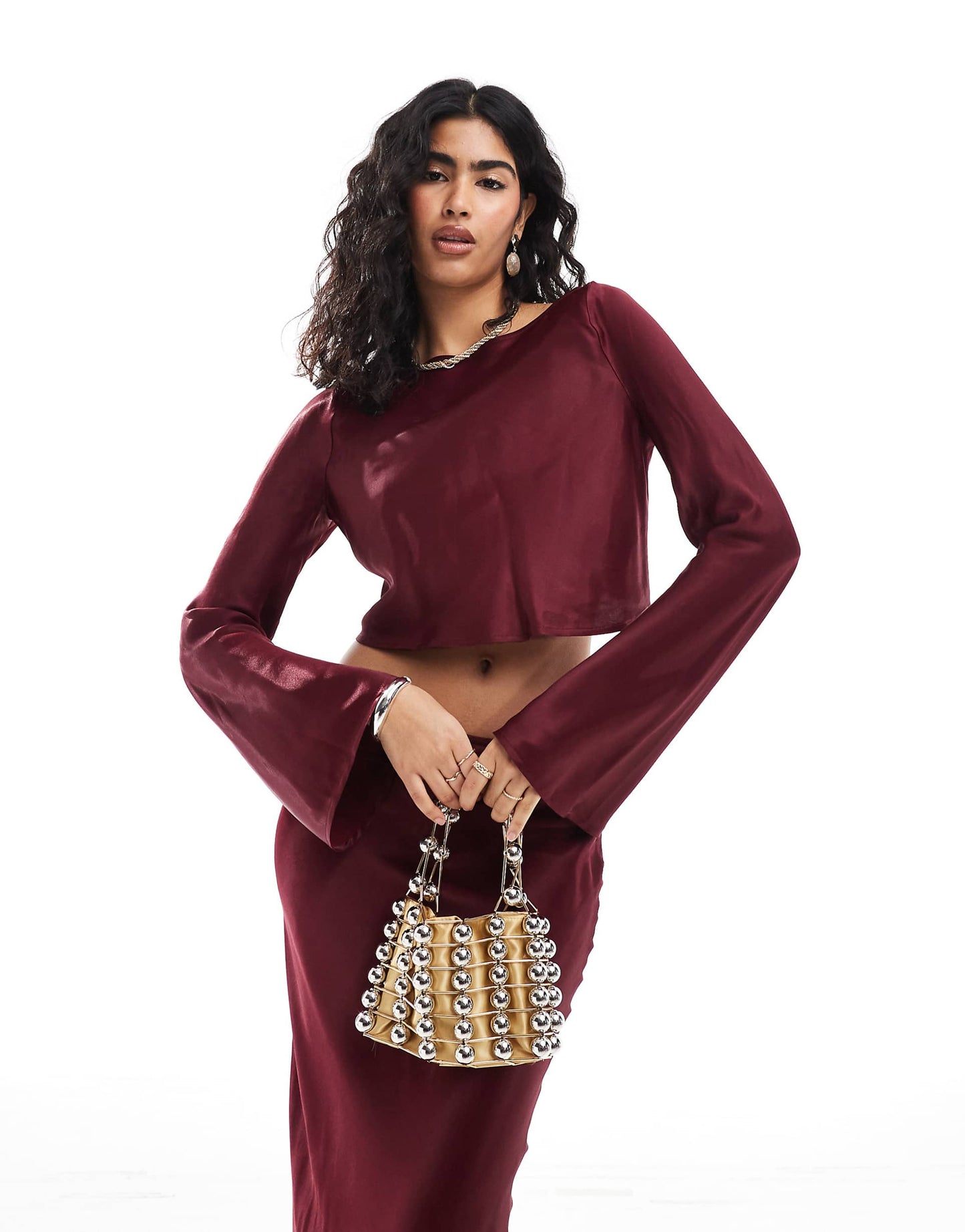 Satin Slash Neck Crop Blouse Co Ord