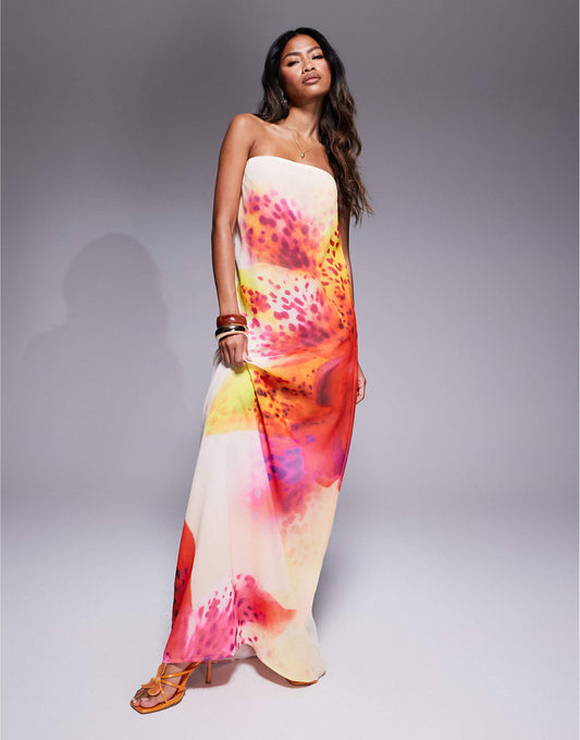 Exclusive Chiffon Bandeau Trapeze Maxi Dress