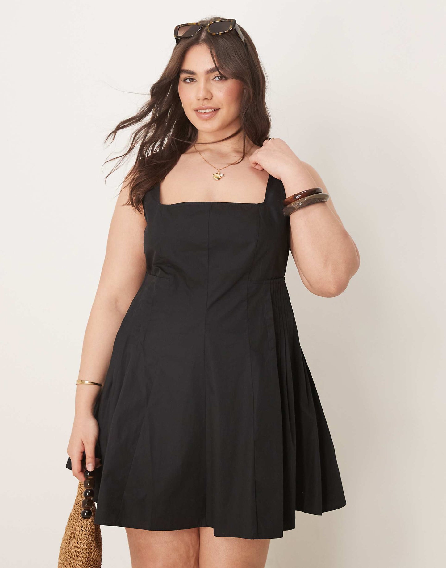 Curve Scoop Neck Pleat Waist Mini Dress