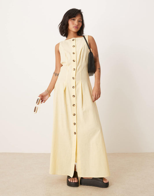 Petite Slash Neck Button Down Waistcoat Maxi Dress