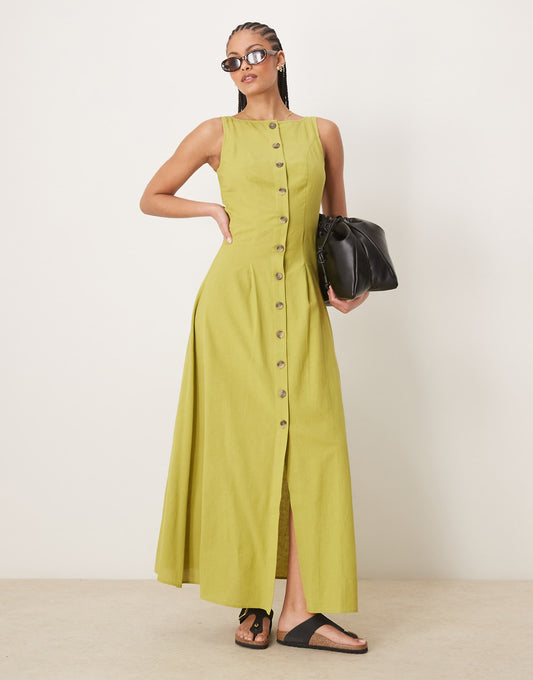 Tall Slash Neck Button Down Waistcoat Maxi Dress