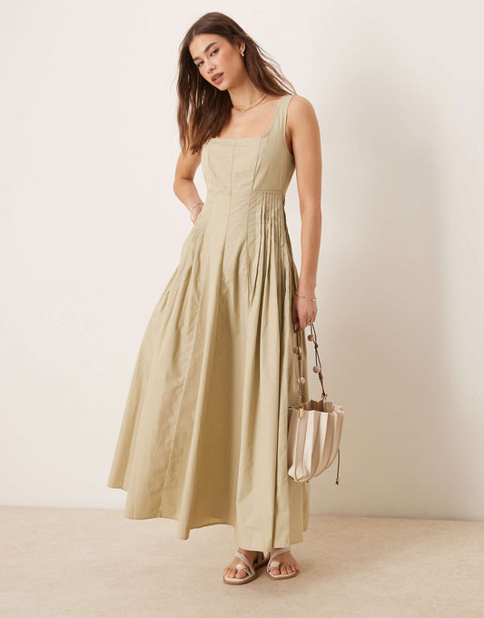 Scoop Neck Pleat Waist Midi Dress