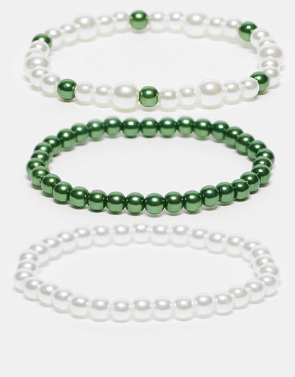 Pack Of 3 Elasticated Pearl And Green Bead Bracelets