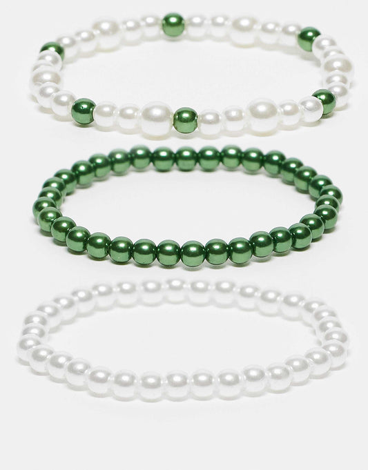 Pack Of 3 Elasticated Pearl And Green Bead Bracelets