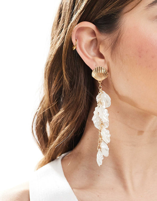 Pearl And Shell Statement Long Drop Earrings