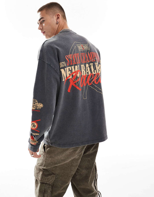 Oversized Long Sleeve T-Shirt With Racing Chest And Back Print