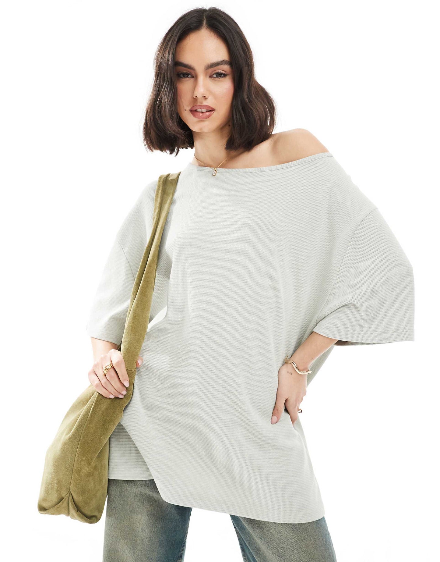 Waffle Off Shoulder Relaxed T-Shirt