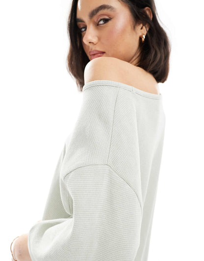 Waffle Off Shoulder Relaxed T-Shirt