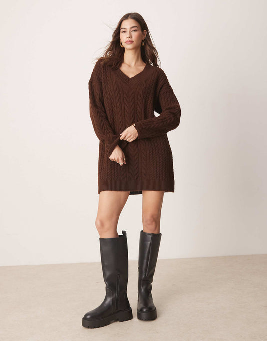 Knitted Cable V Neck Mini Dress