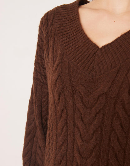 Knitted Cable V Neck Mini Dress