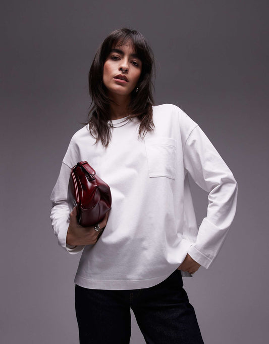 Jersey Long Sleeve Boxy Top With Pocket