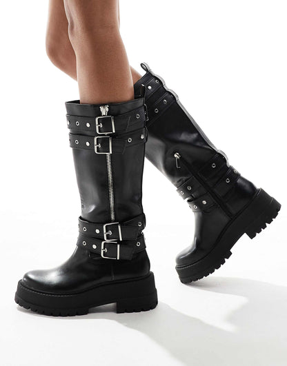 Buckle Detail Chunky Flat Knee High Boot