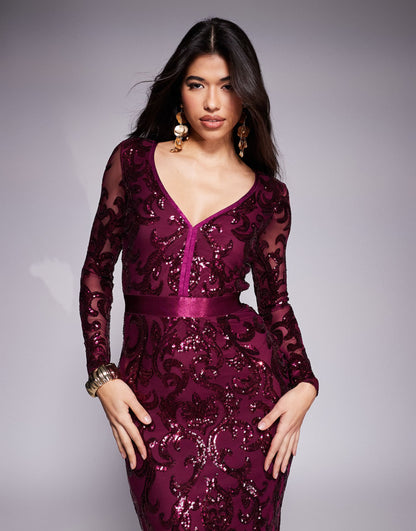 Embroidered Sequin & Mesh Maxi Dress