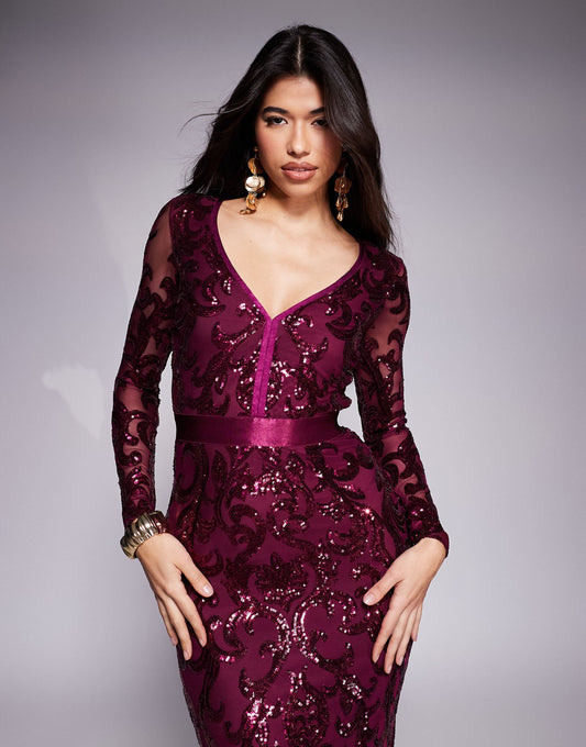 Embroidered Sequin & Mesh Maxi Dress