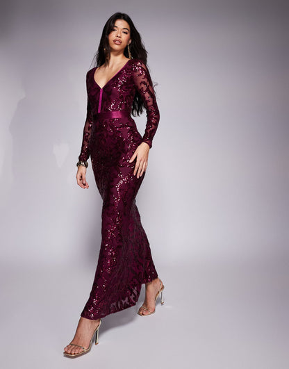Embroidered Sequin & Mesh Maxi Dress