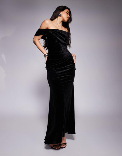 Cowl One Shoulder Velvet Maxi Dress