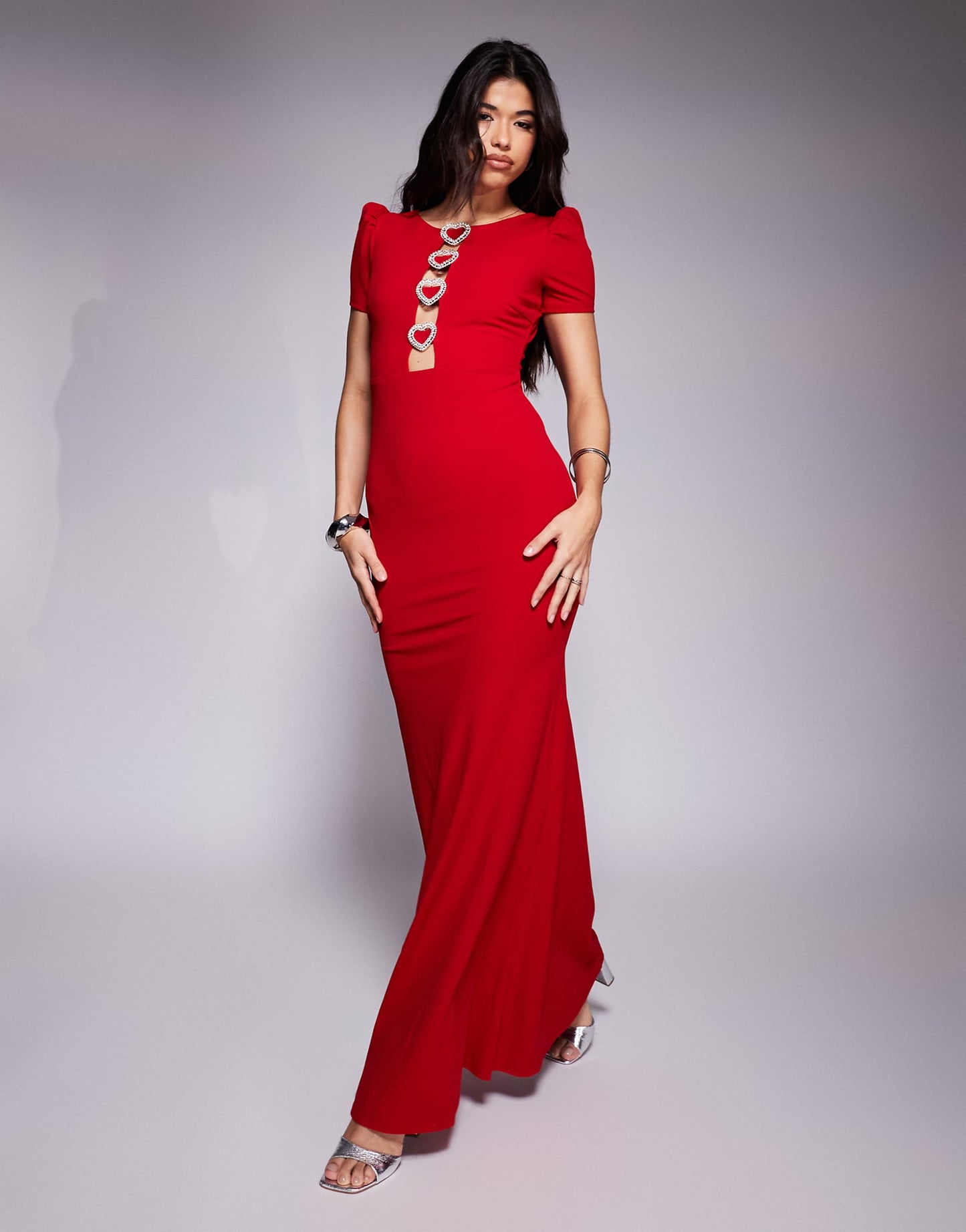 Diamante Embellished Heart Brooch Scuba Maxi Dress