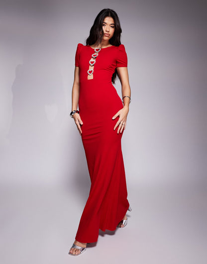 Diamante Embellished Heart Brooch Scuba Maxi Dress
