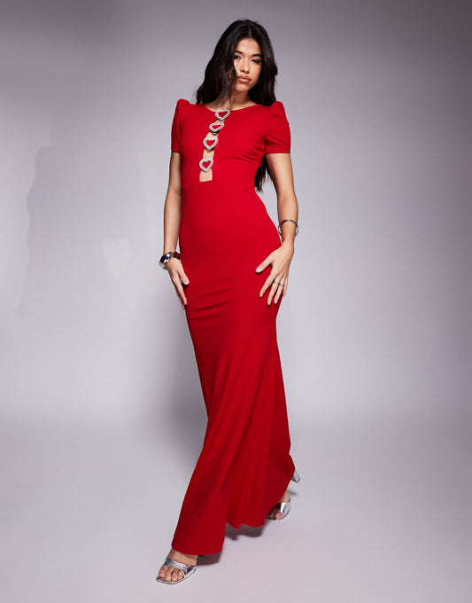 Diamante Embellished Heart Brooch Scuba Maxi Dress