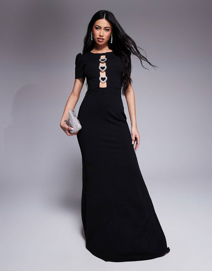 Diamante Embellished Heart Brooch Scuba Maxi Dress