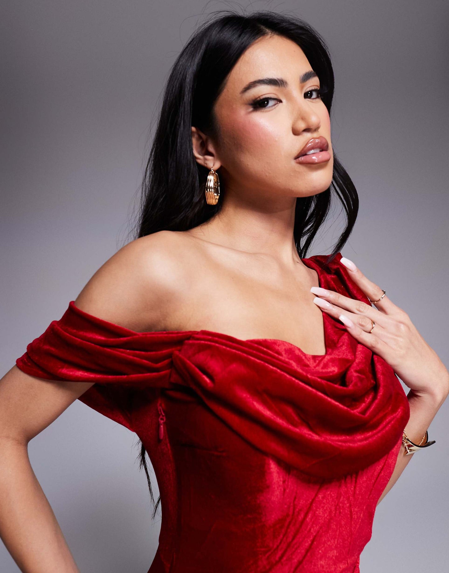 Cowl One Shoulder Velvet Maxi Dress