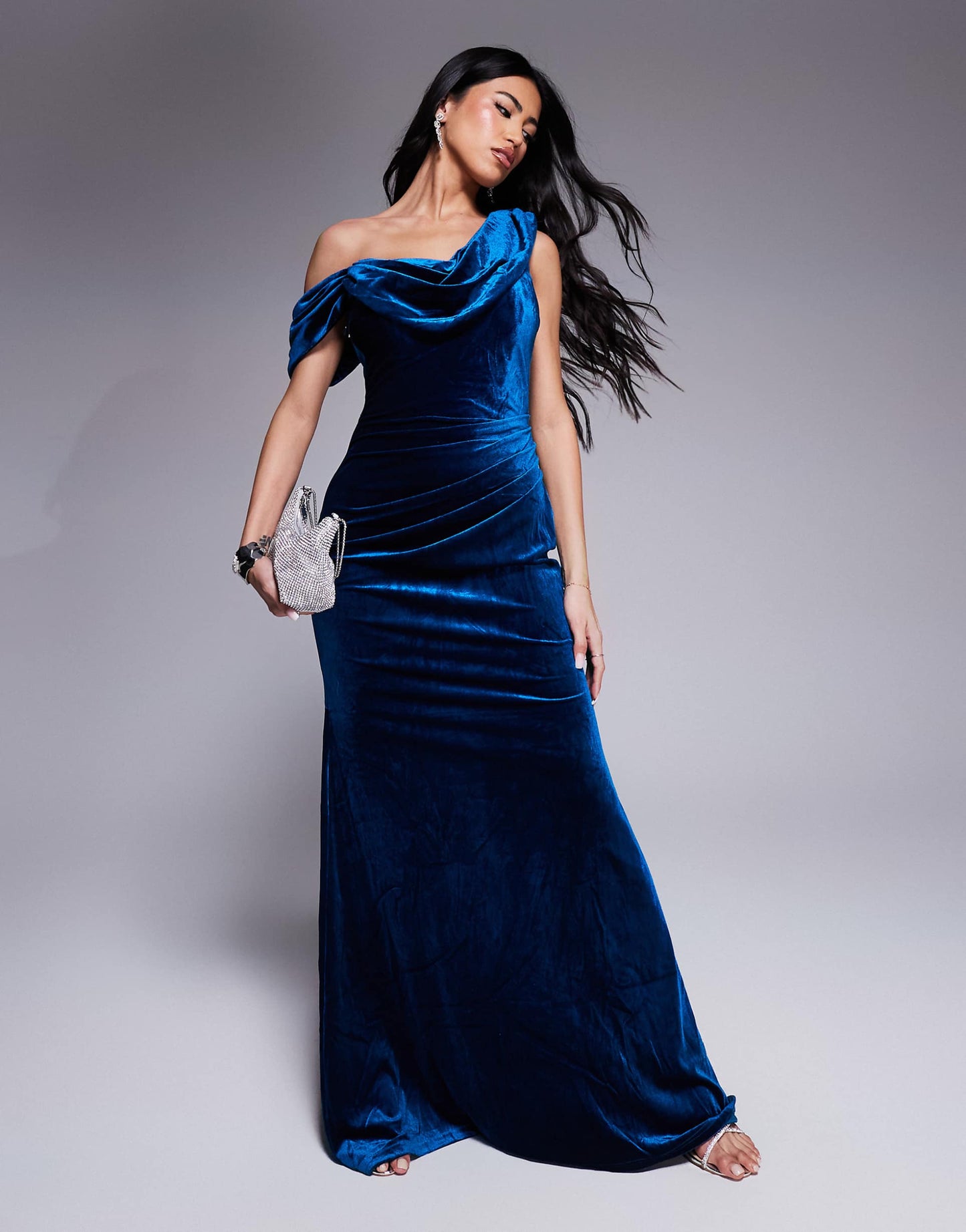 Cowl One Shoulder Velvet Maxi Dress