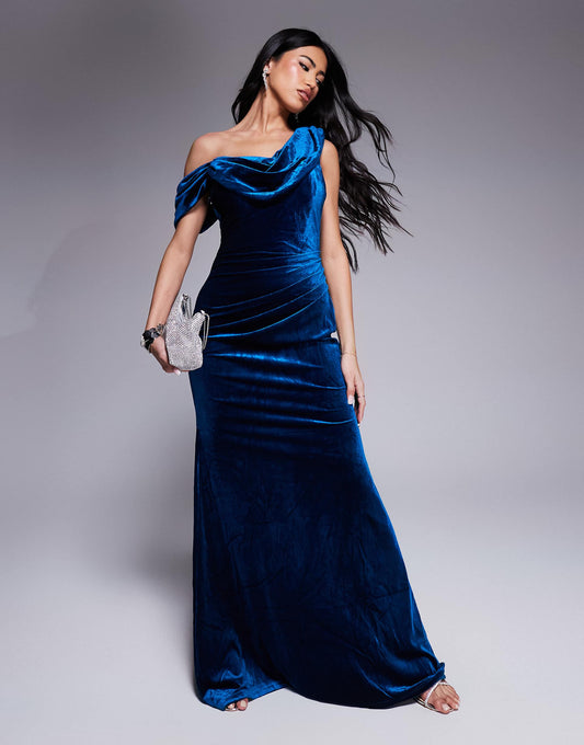 Cowl One Shoulder Velvet Maxi Dress