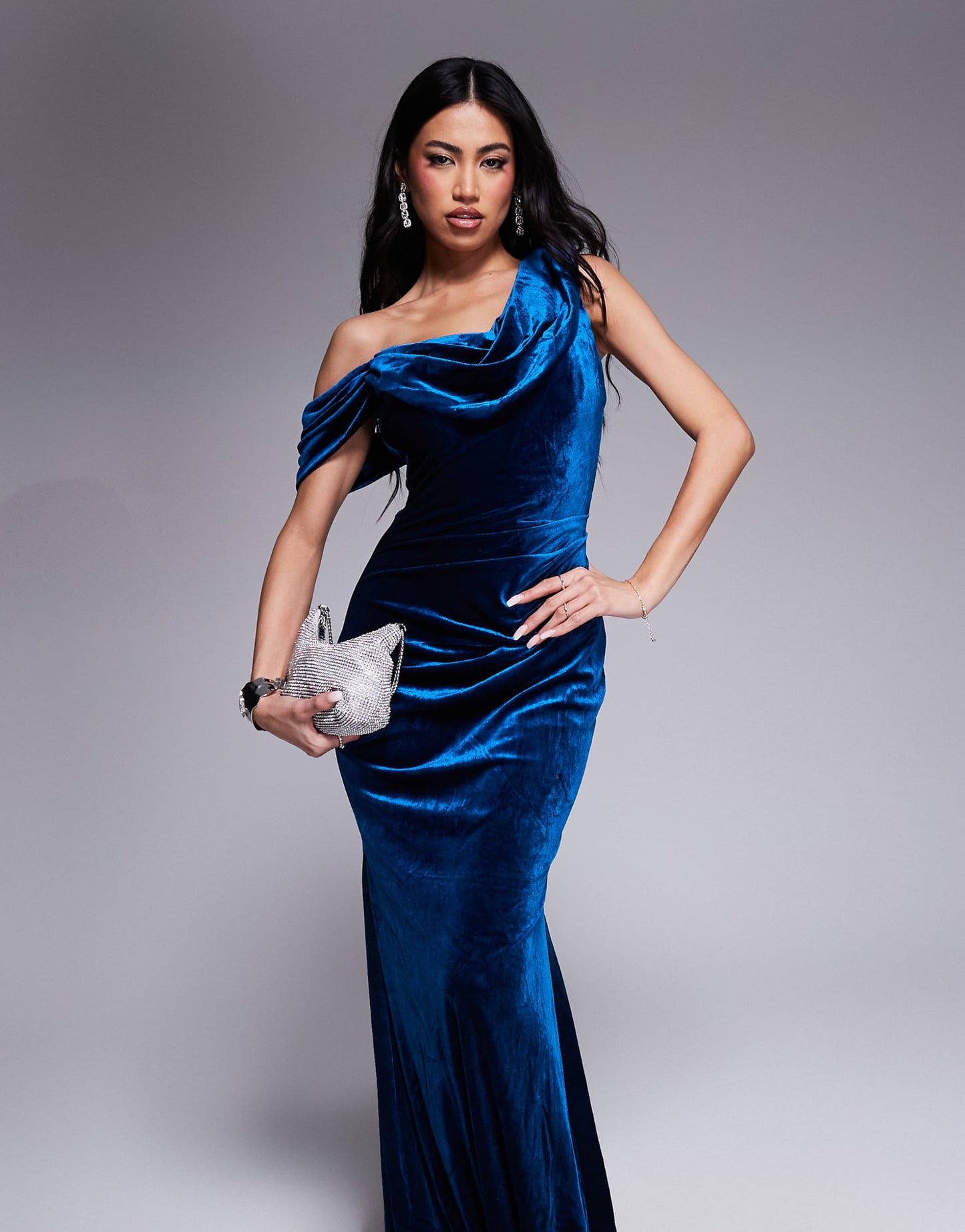 Cowl One Shoulder Velvet Maxi Dress