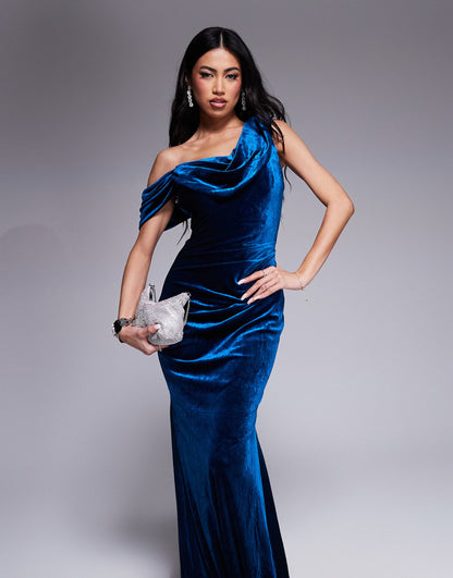 Cowl One Shoulder Velvet Maxi Dress