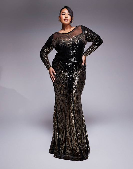 Curve Long Sleeve Aztec Sequin Maxi Dress