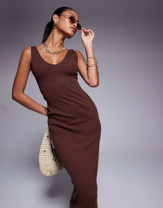 Sleeveless V-Neck Rib Midaxi Dress