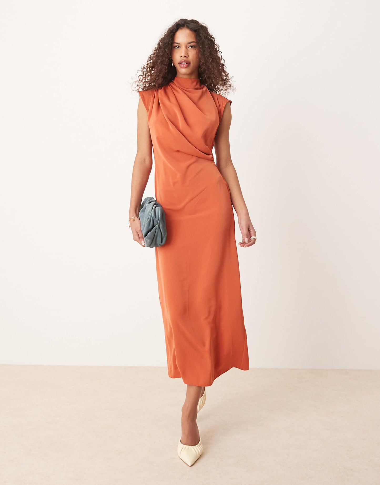 High Neck Sleeveless Midi Dress With Draped Neck