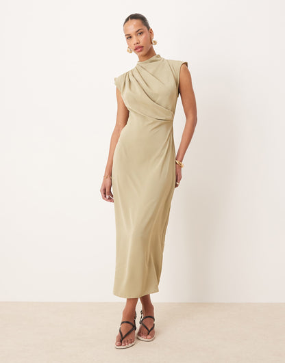 High Neck Sleeveless Midi Dress With Draped Neck