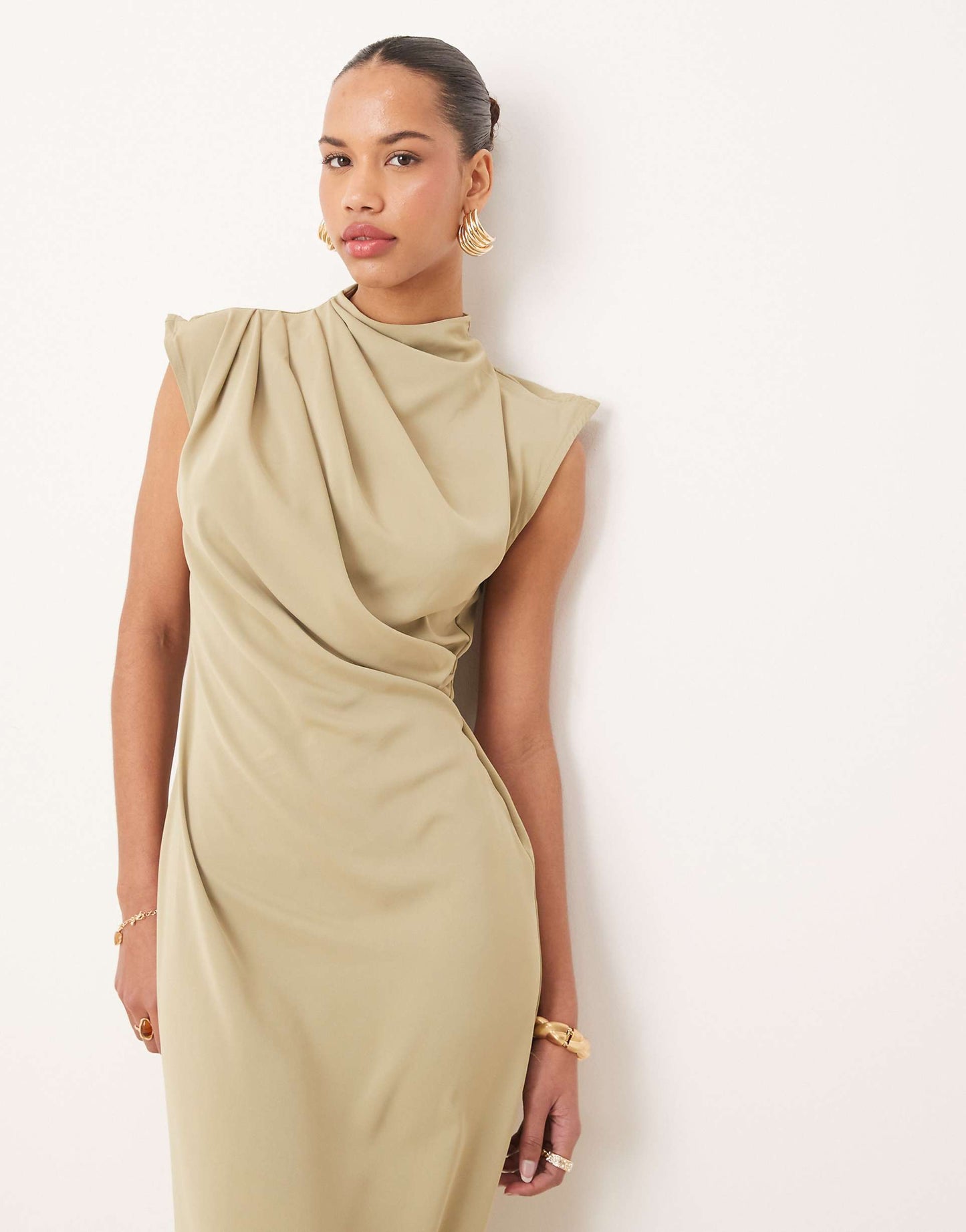 High Neck Sleeveless Midi Dress With Draped Neck