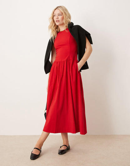 High Neck Drop Waist Midi Dress