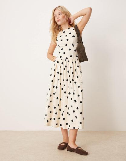 High Neck Drop Waist Midi Dress