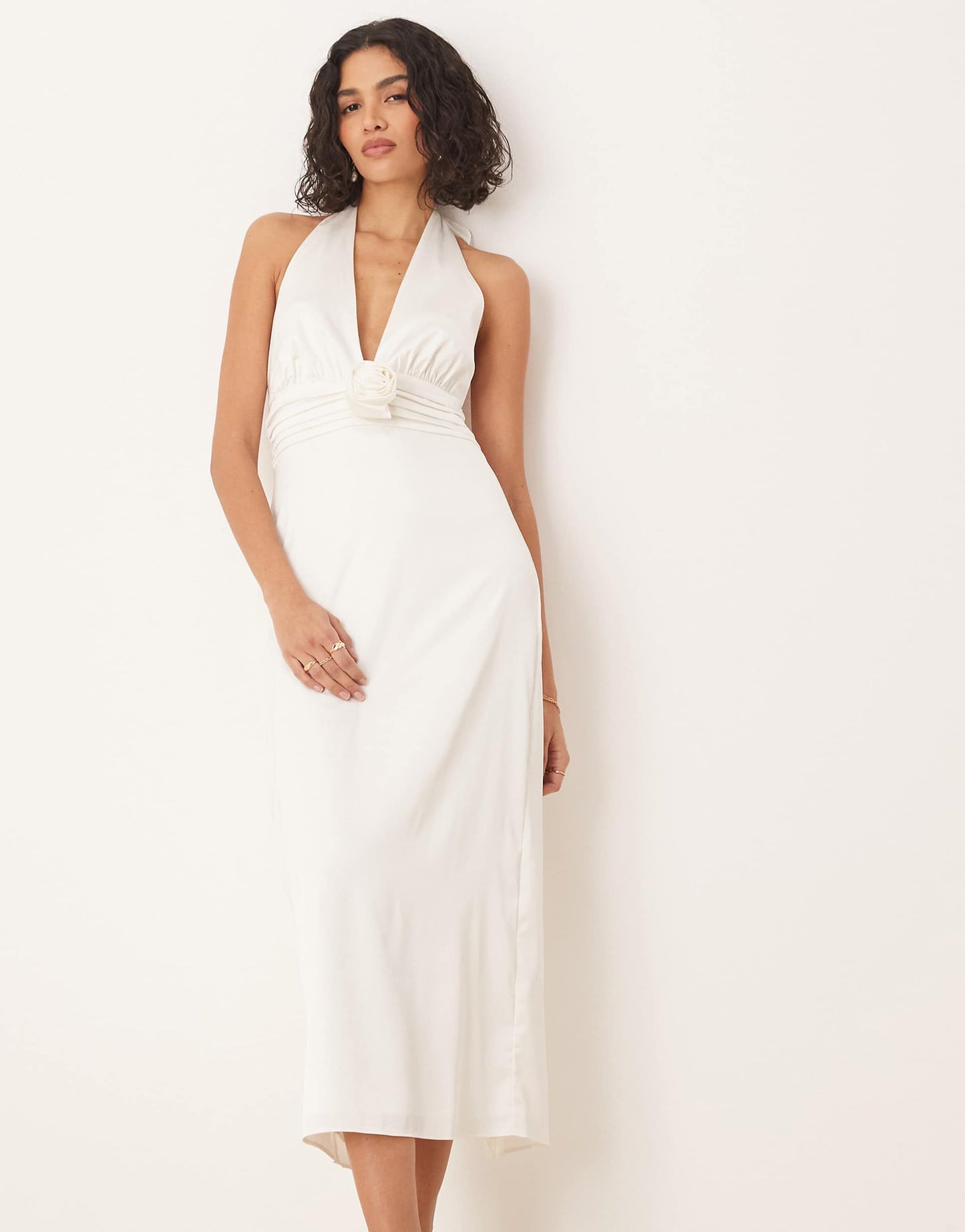 Bridal Plunge Rosette Column Halter Maxi Dress