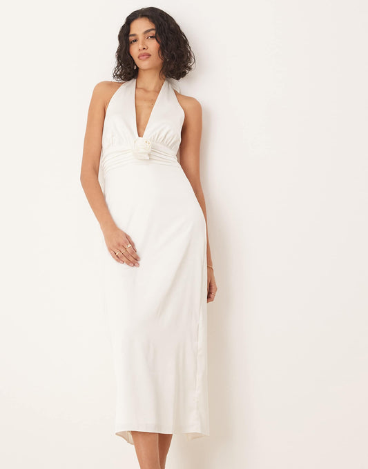Bridal Plunge Rosette Column Halter Maxi Dress