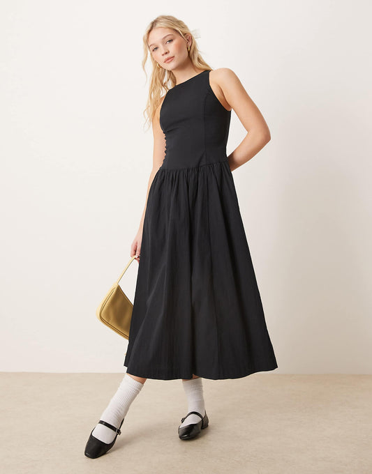 High Neck Drop Waist Midi Dress