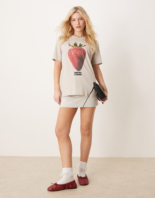 Short Sleeve Skimming Embellished Strawberry T-Shirt