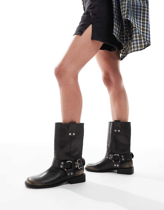 Wide Fit Arley Burnished Flat Biker Boot