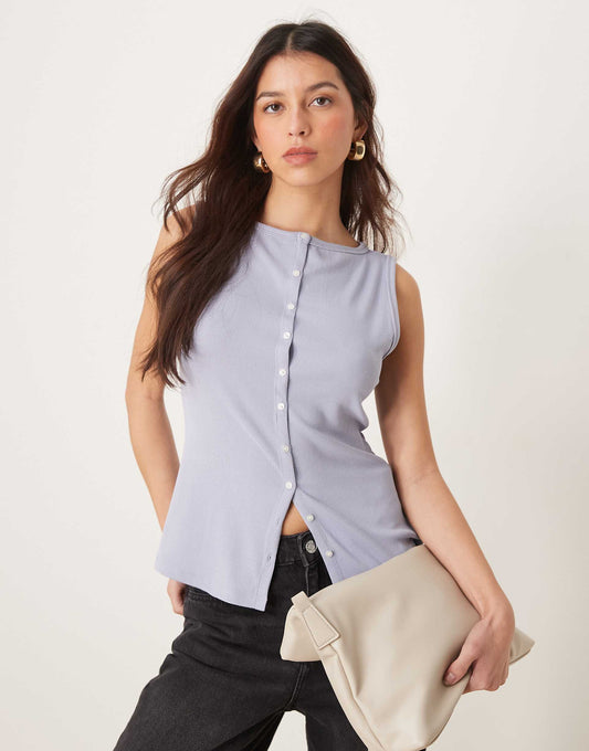 Slash Neck Button Through Longline Rib Top