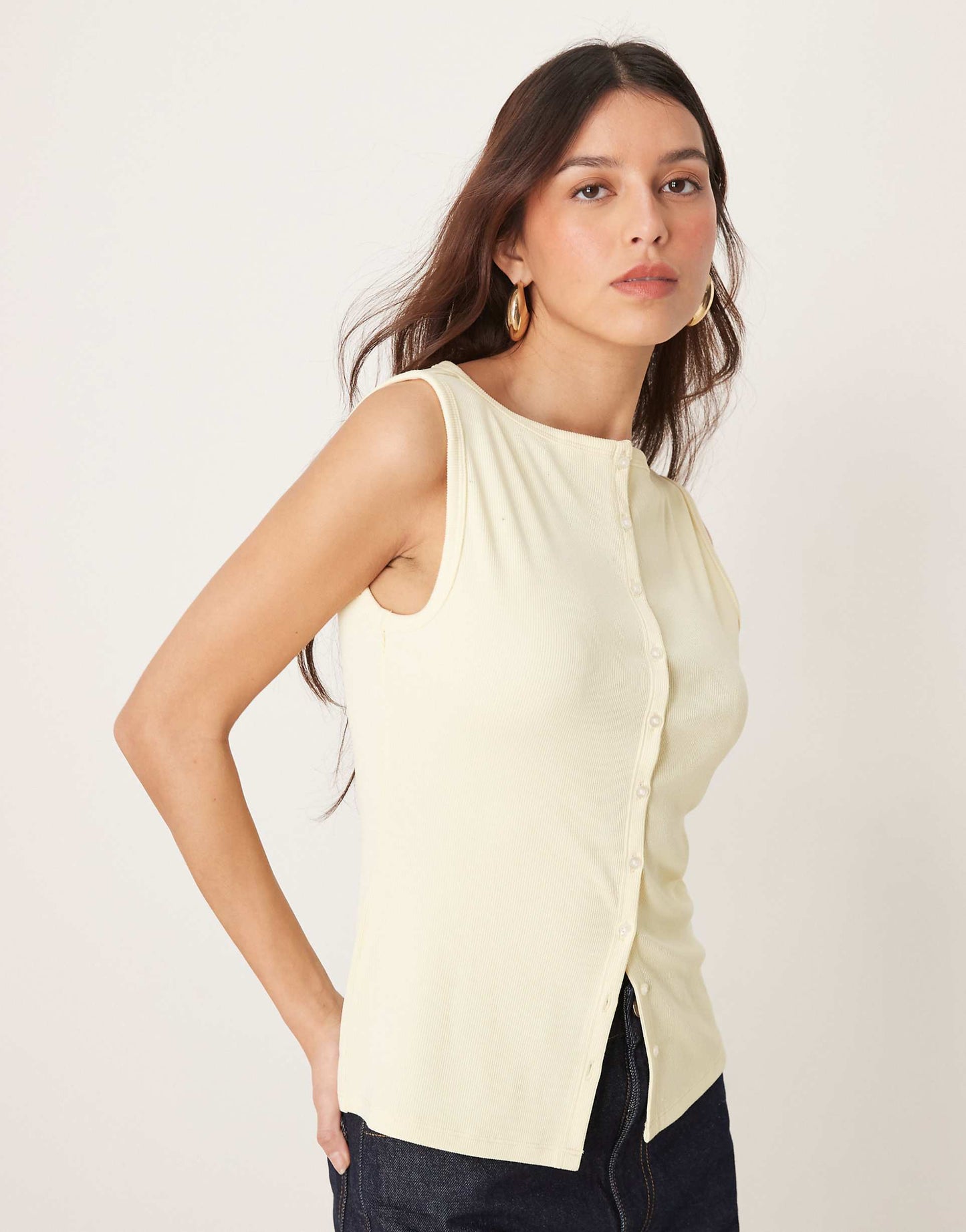 Slash Neck Button Through Longline Rib Top